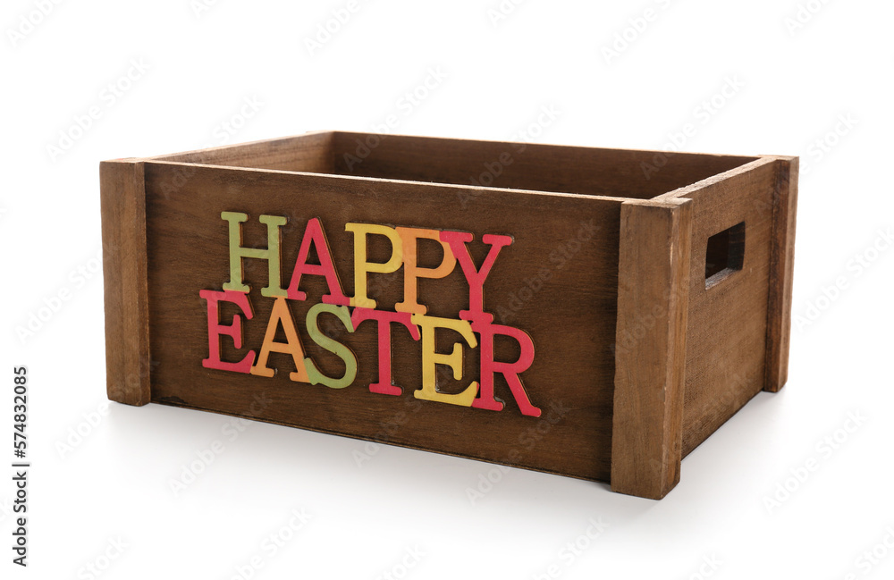 Wooden box with text HAPPY EASTER on white background