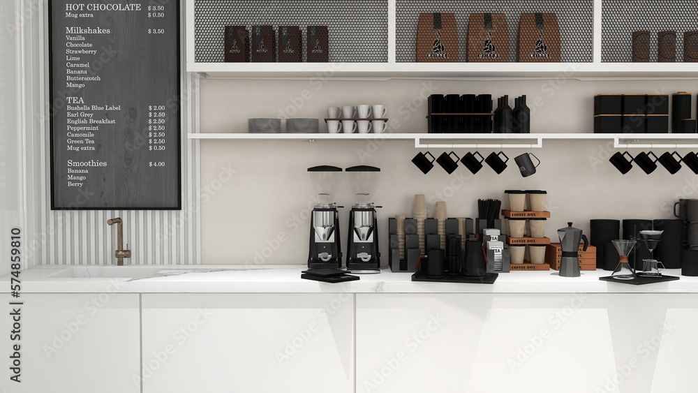 Modern, luxury design cafe counter, white marble top with sink, grinder, coffee up, moka pot, shelf,