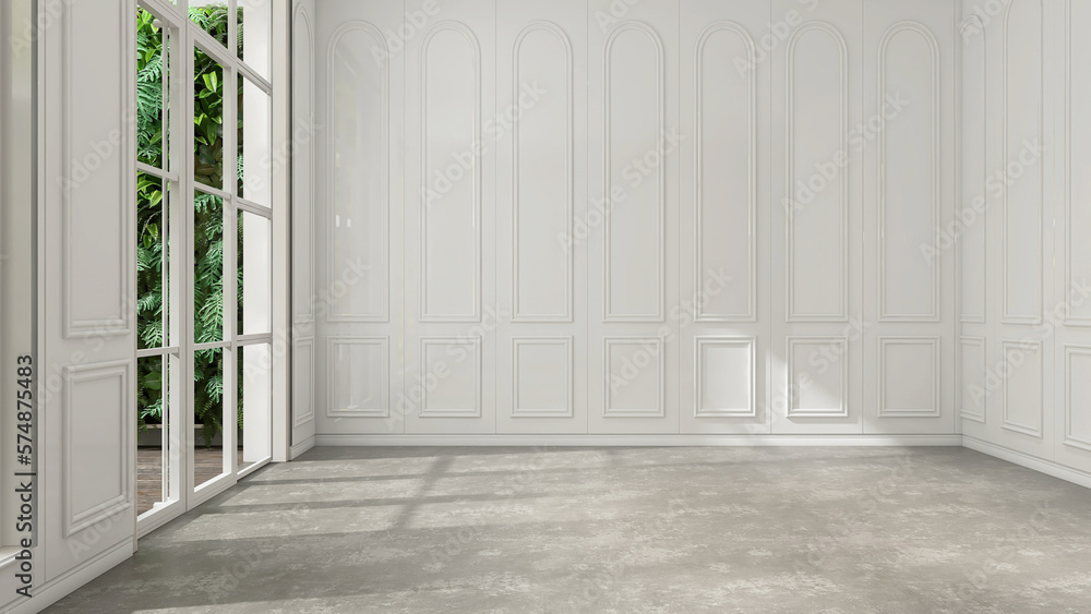 Empty white luxury room with wainscot wall, gray polished cement floor in sunlight from glass door t