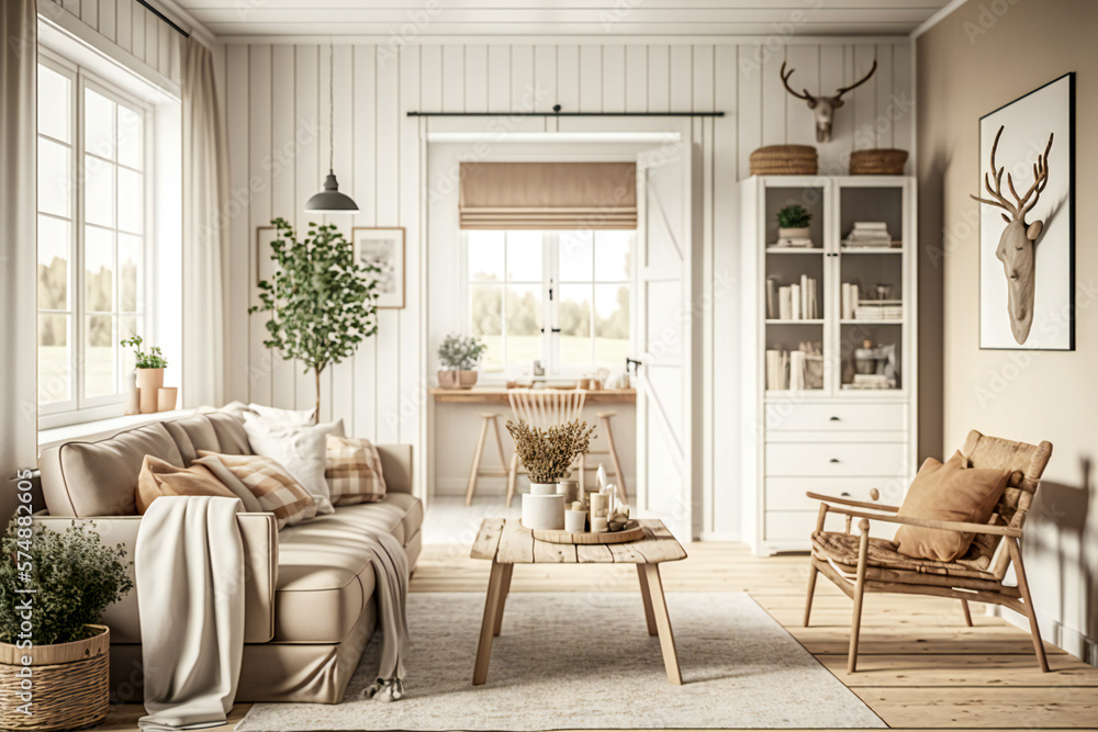 Beige scandinavian style interior with natural wood furniture. Created with Generative AI technology