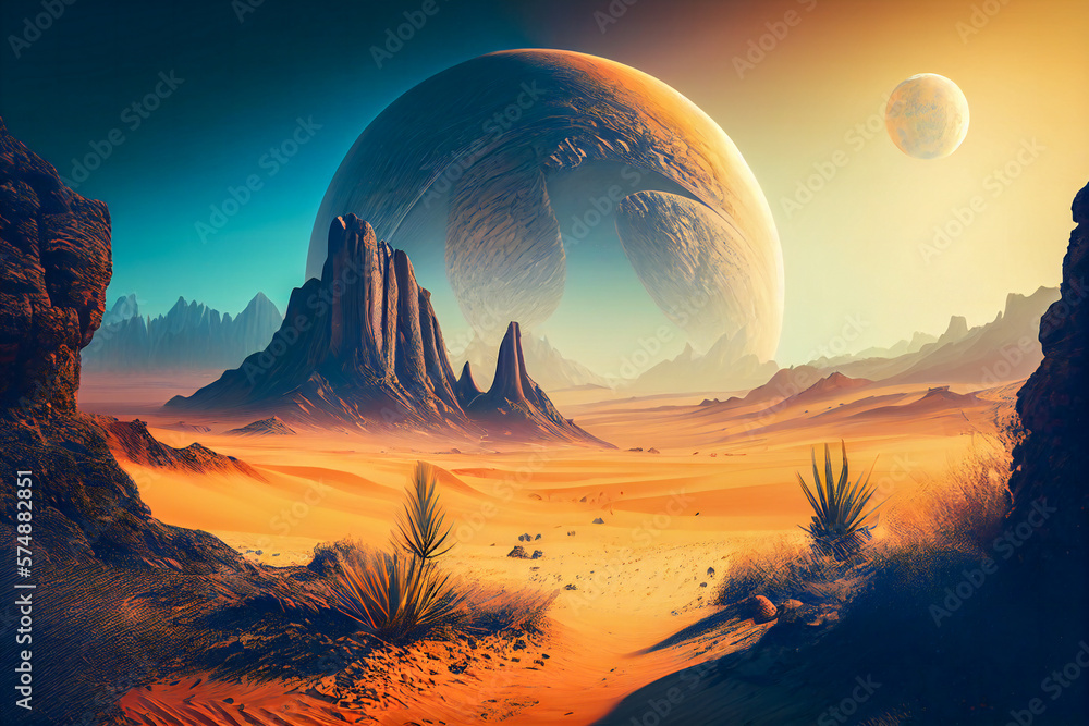 Alien landscape with big moons rising over desert. Created with Generative AI technology.