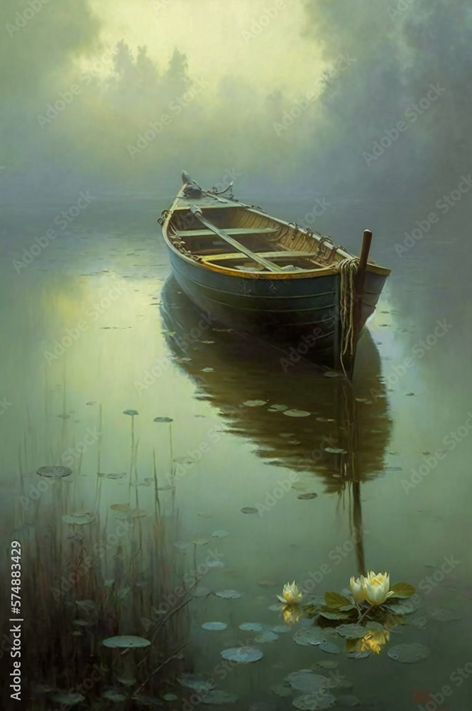 Illustration of a lonely small boat on a lake. Created with Generative AI technology.