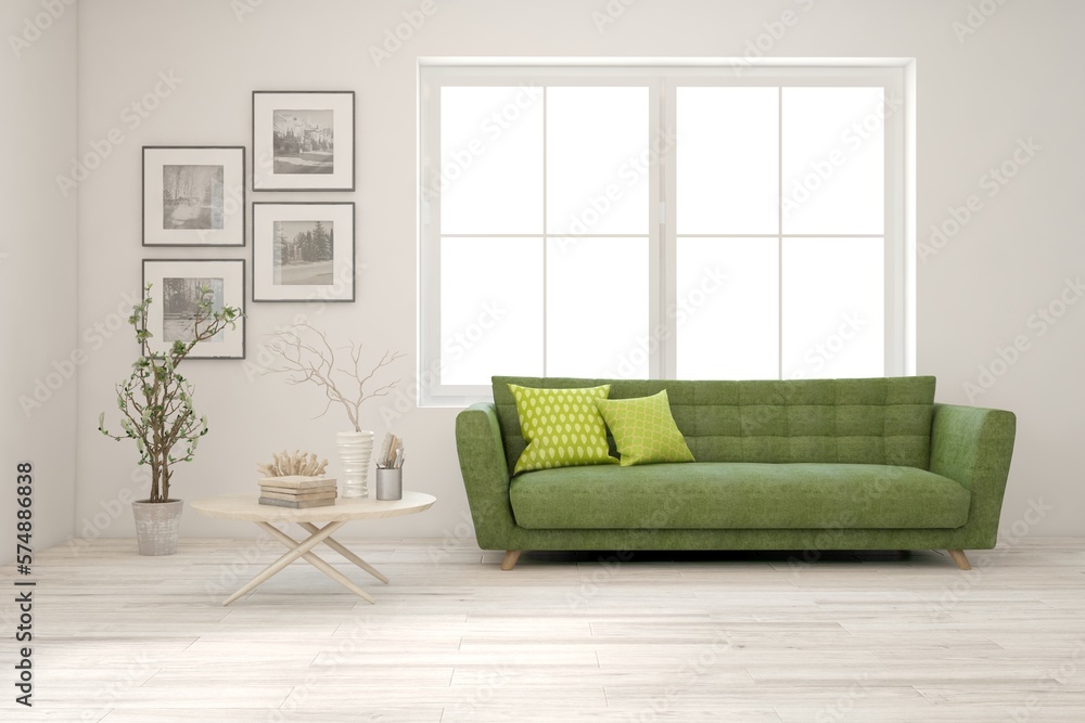 White living room with sofa. Scandinavian interior design. 3D illustration