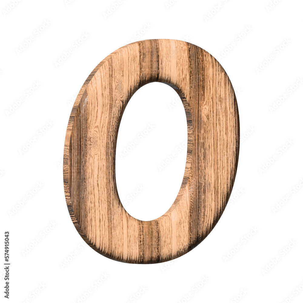 Wooden number 0 on a white background. 3d rendered digit zero with brown wood texture. 3d vector ill