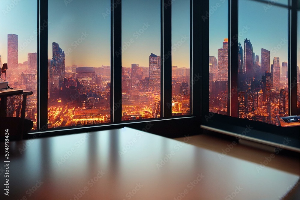 a desk with a computer on it in a room with a view of a city skyline and skyscrapers in the distance