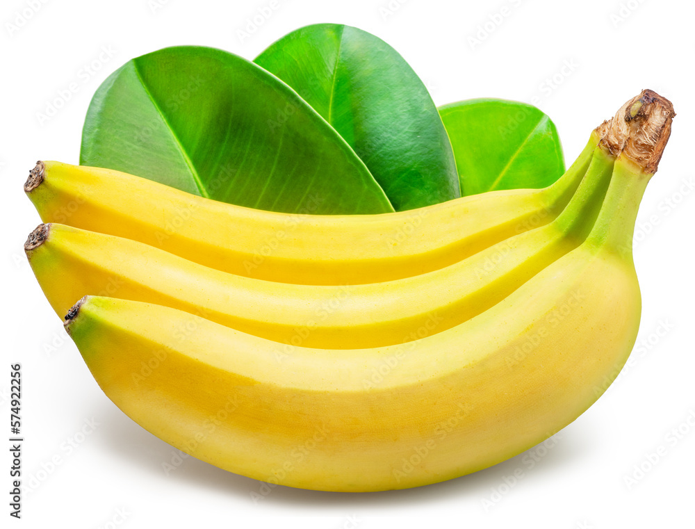 Banana bunch and green banana leaf isolated on white background.