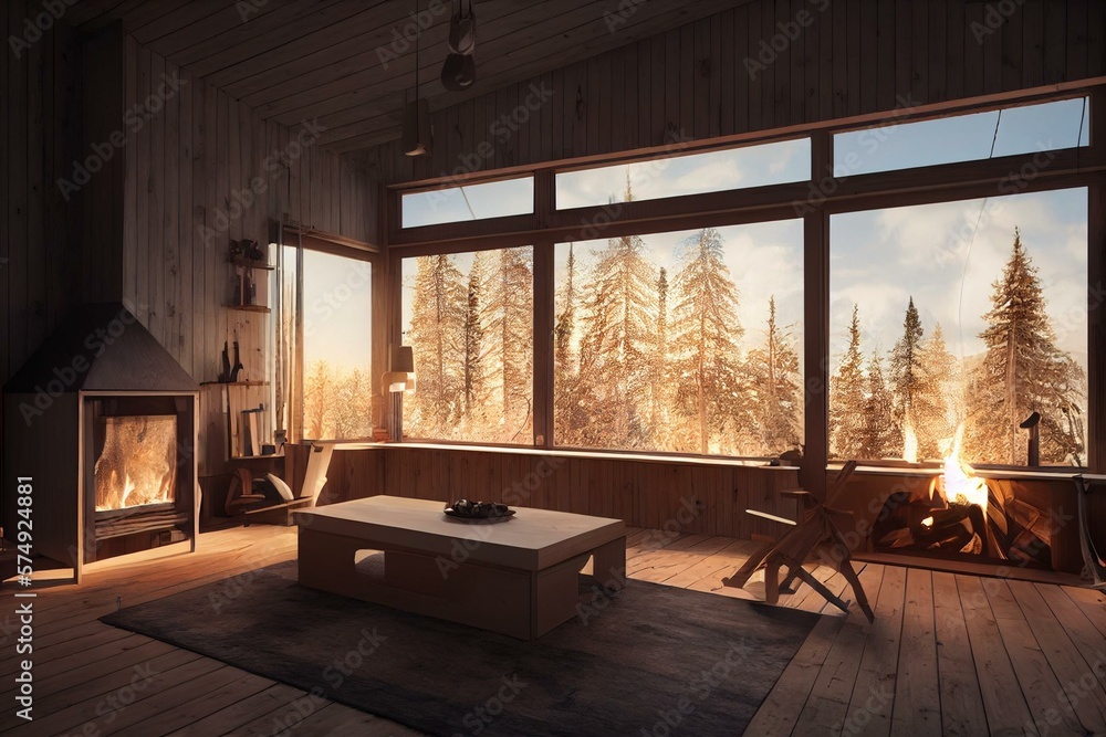 Nordic style and minimalist wooden cabin house interior with fireplace illustration. Generative AI