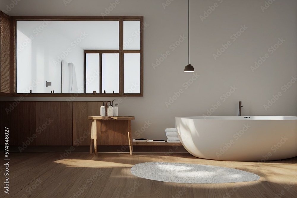 White bathroom interior. Empty wooden table top for product display with blurred bathroom interior b