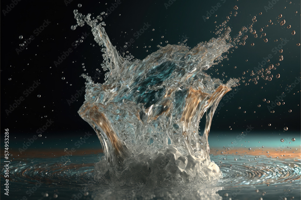 Realistic splashing water, slow motion freeze frame. Generative AI illustration.