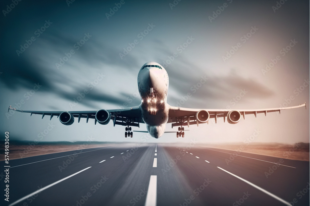 Commercial or cargo airplane taking off from the airport runway . Sublime Generative AI image .