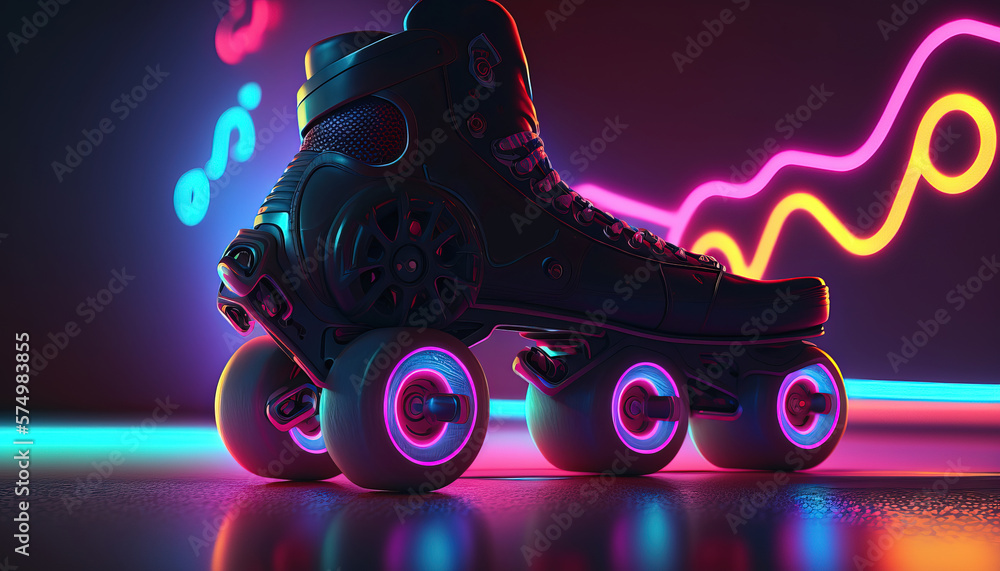 Generative AI, Roller skate in cyberpunk style, disco nostalgic 80s, 90s. Neon night lights vibrant 