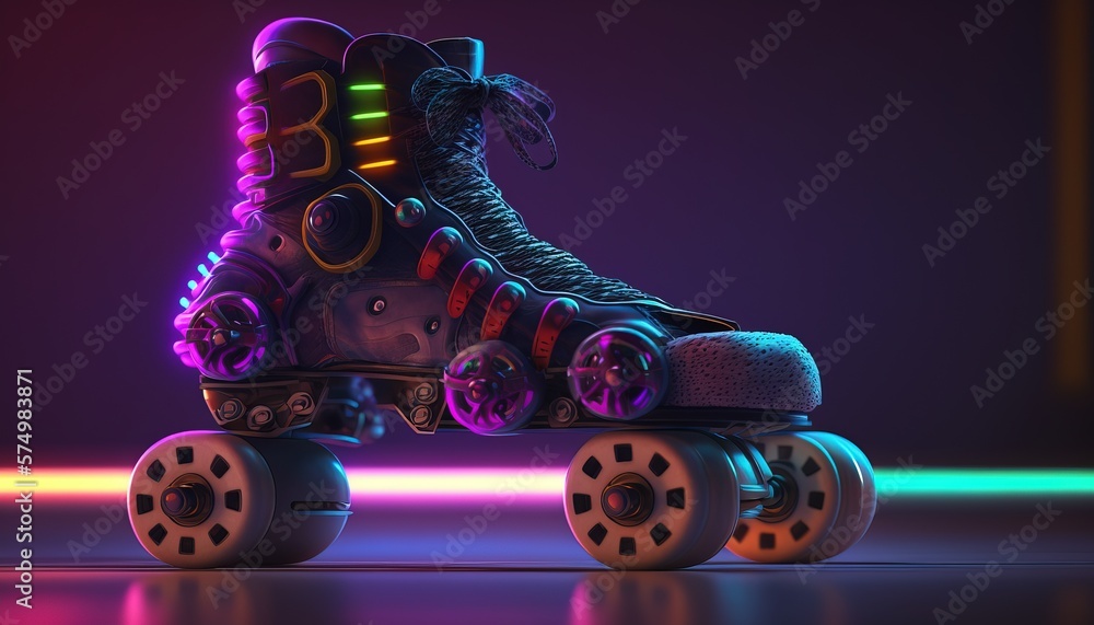 Generative AI, Roller skate in cyberpunk style, disco nostalgic 80s, 90s. Neon night lights vibrant 