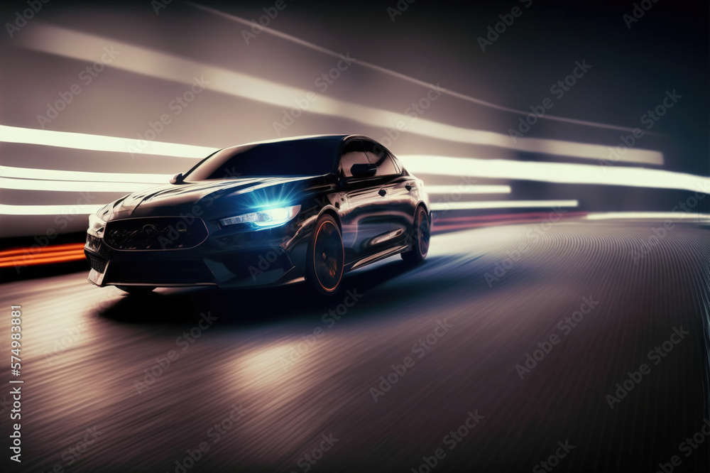 Sports car driving at fast speed on city road with motion blur effect . Sublime Generative AI image 