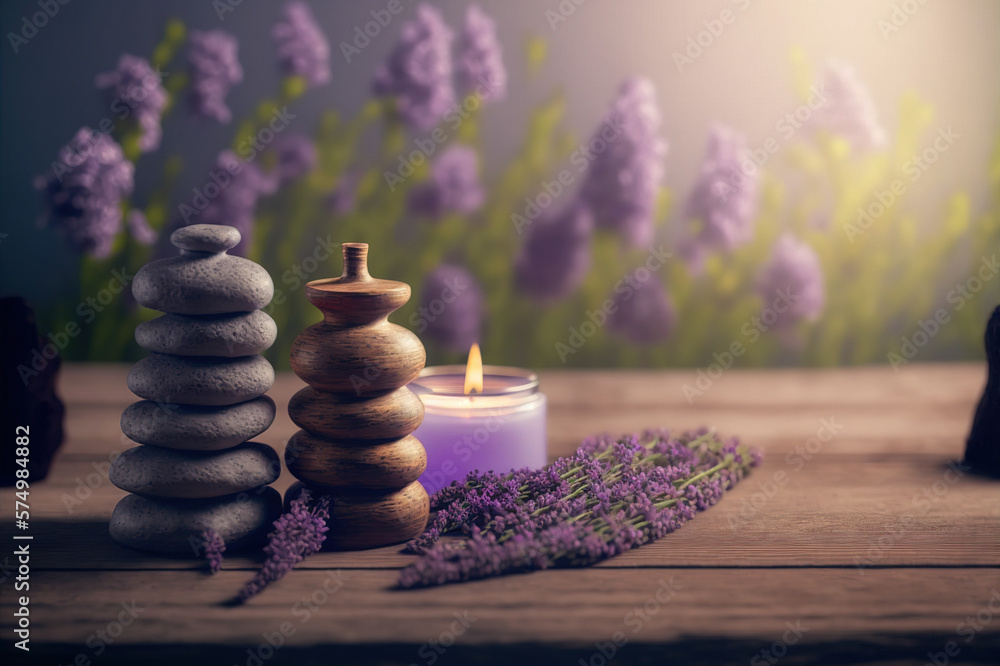 AI Generative image, spa lavender composition set in spa hotel , beauty wellness center . Spa produc