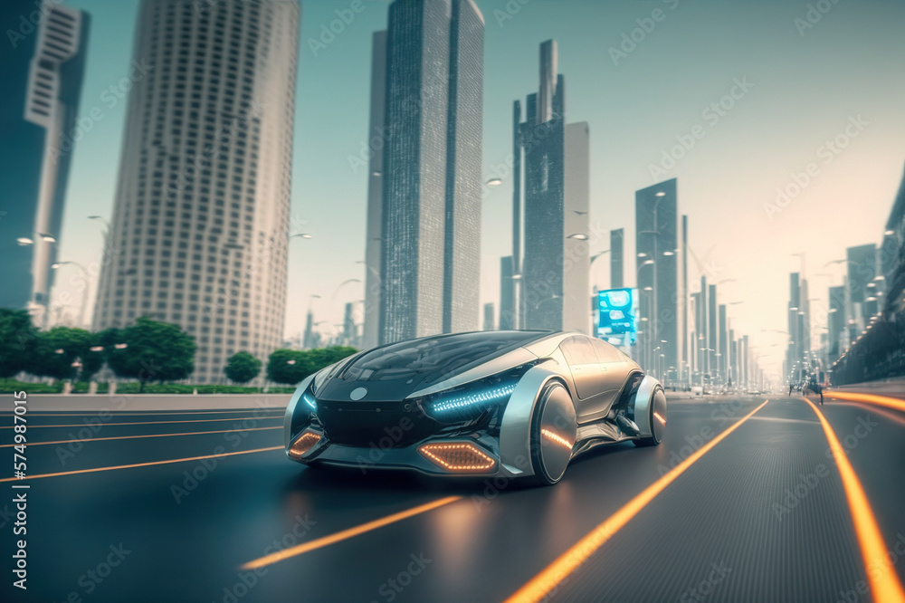 Fast electric car with luxury futuristic autonomous sensor software driving on road in downtown city