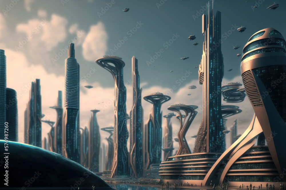 Skyline of futuristic city with fictional architecture in panoramic view . Megalopolis landscape wit