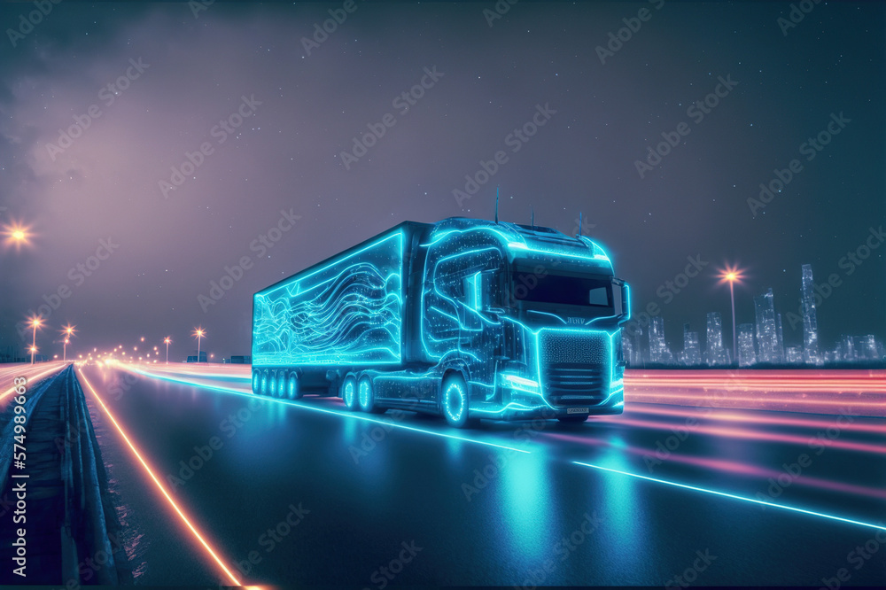 Self driving futuristic freight truck deliver goods to warehouse on city highway road with advanced 