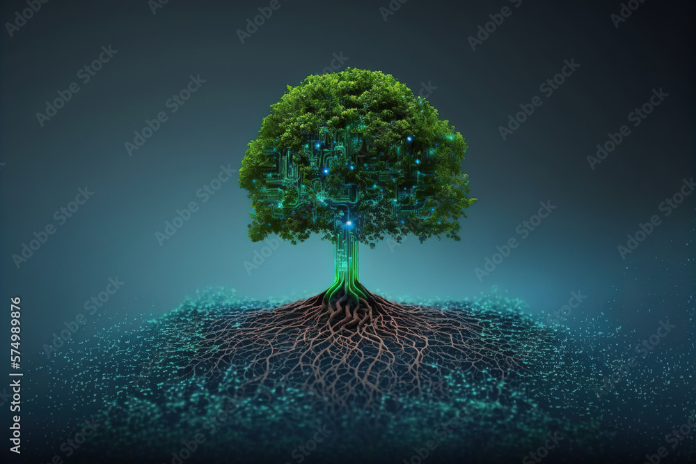 A beautiful large tree growing on the micro chip computer circuit board showing concept of digital b