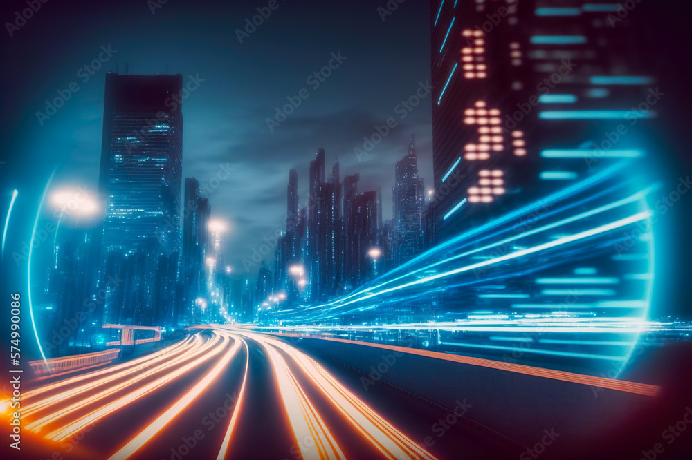 Smart digital city with high speed light trail of cars of digital data transfer . Sublime Generative