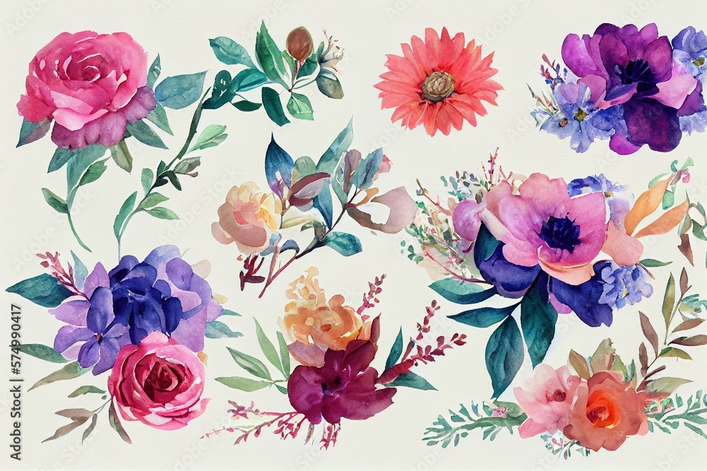 Flower bouquet set watercolor pieces of artwork design. Spring and summer flower nature in style of 