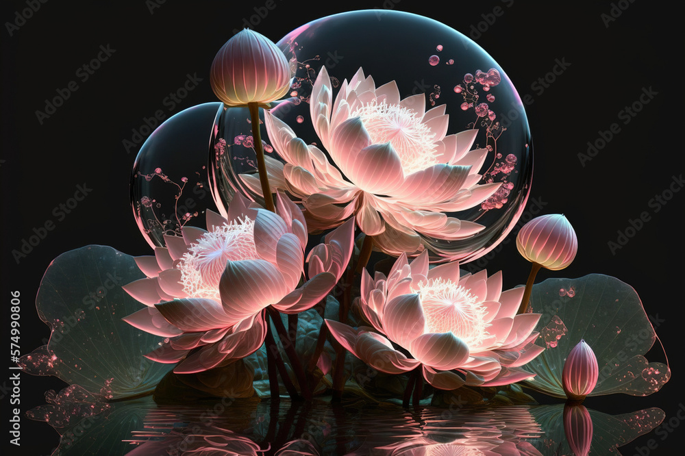 Dreamlike image of light glowing lotus flower or water lily with transparent pink illumination under