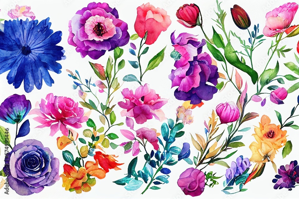 Flower bouquet set watercolor pieces of artwork design. Spring and summer flower nature in style of 