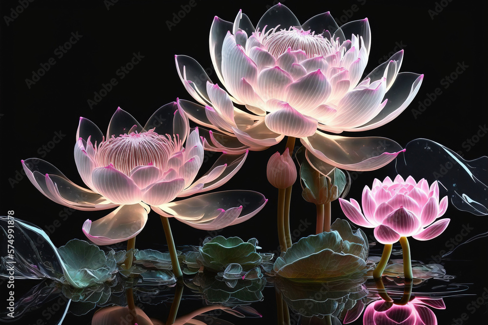 Dreamlike image of light glowing lotus flower or water lily with transparent pink illumination under