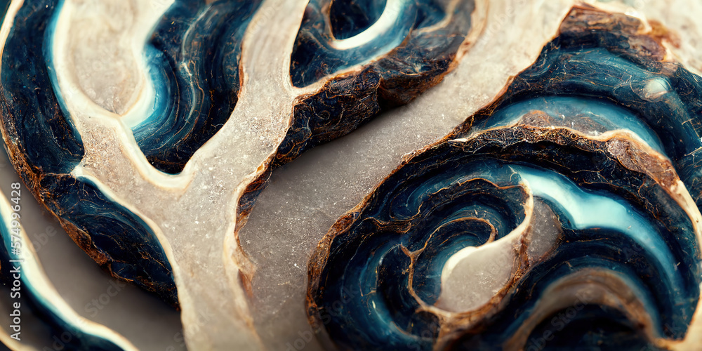 Sedate marco detailed luxurious ocean blue ripple pattern in agate form by alcohol ink. Swirled gold