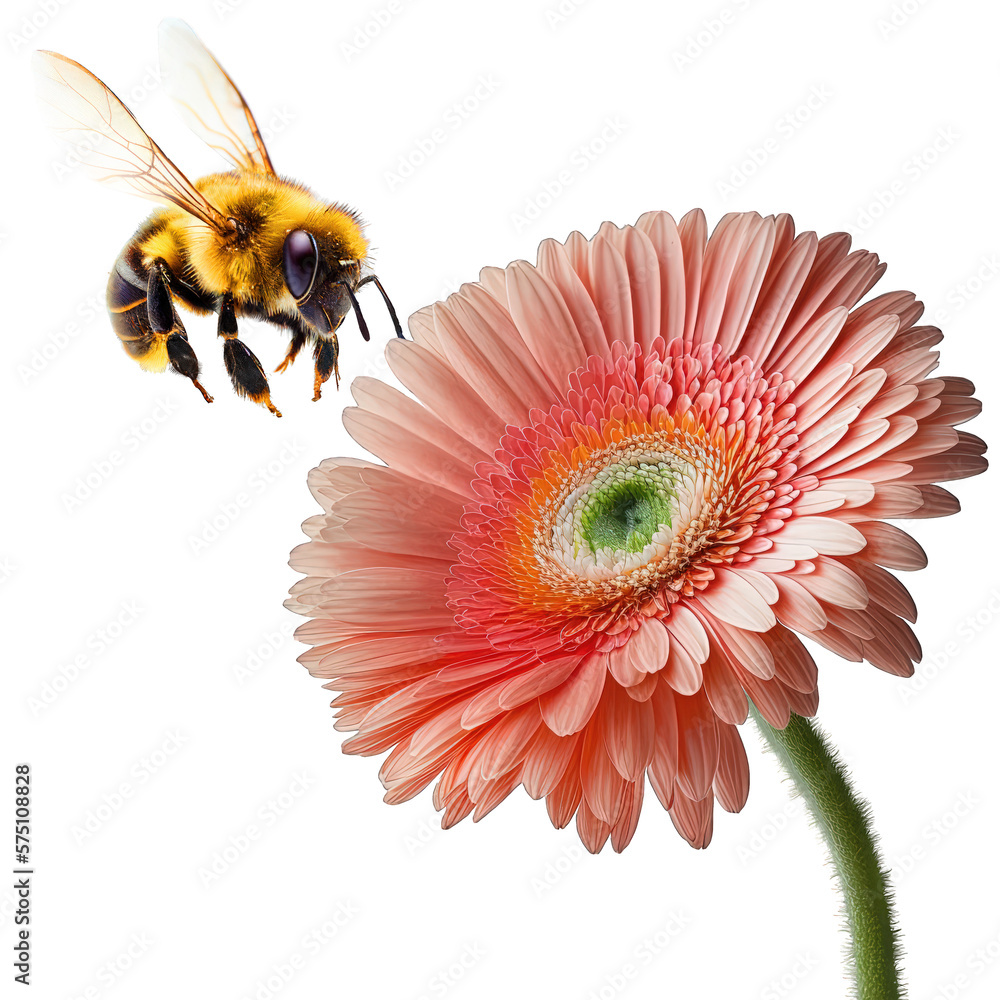 bee and flower , isolated on transparent background cutout , generative ai