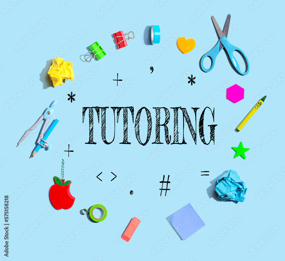 Tutoring theme with school supplies overhead view - flat lay