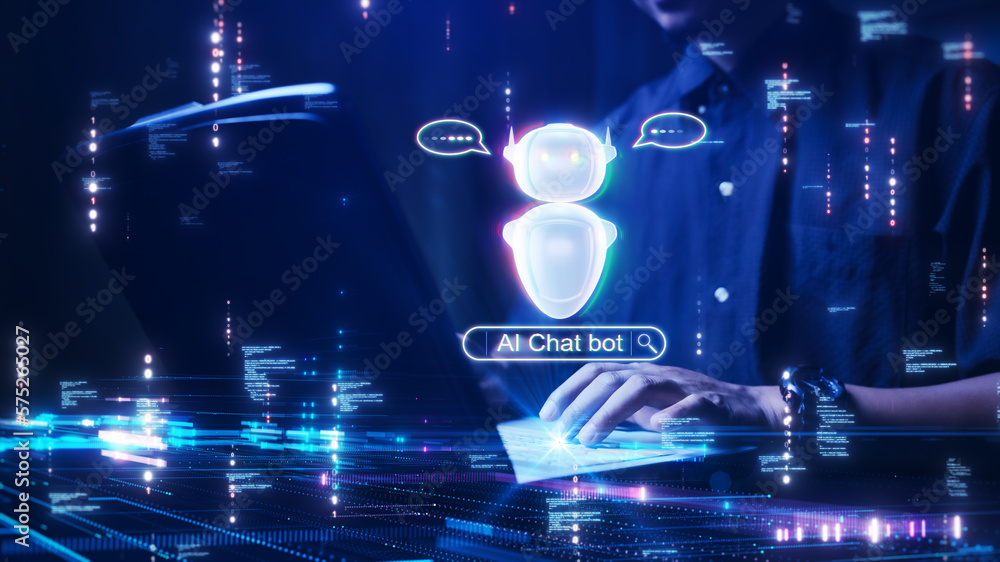 The concept of a person using a computer connected to AI Chatbot technology to help process the requ