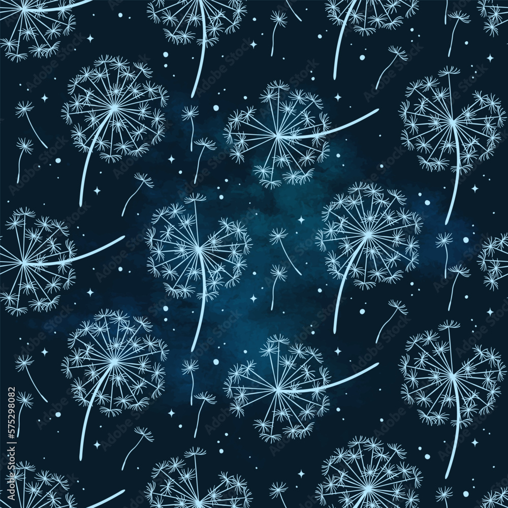 Hand drawn ornate dandelions seamless pattern in graphic style isolated vector illustration