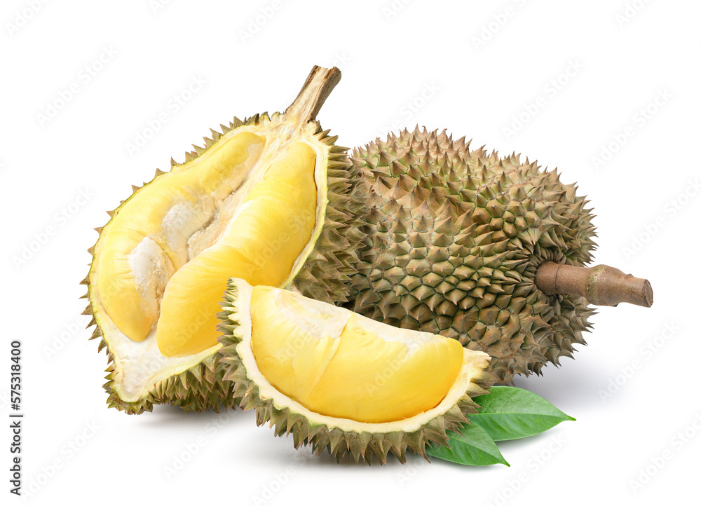 Durian fruit with cut in half isolated on white background. Clipping path.