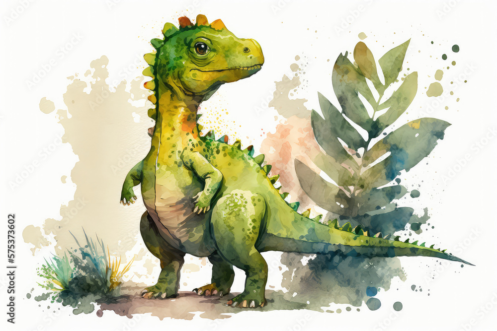 Cute green dinosaur on white paper, water color illustration. (ai generated)