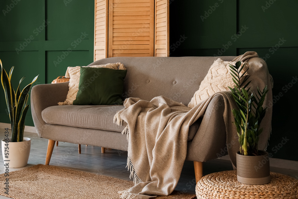 Interior of living room with grey sofa, houseplants and folding screen