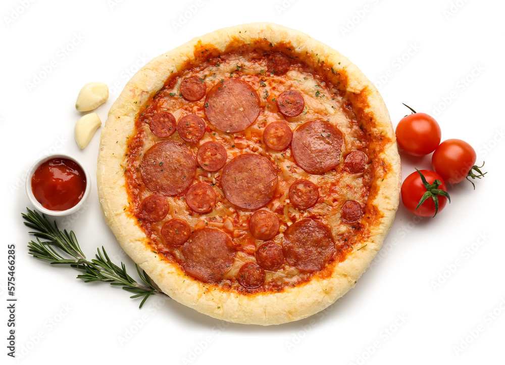 Delicious pepperoni pizza and ingredients isolated on white background