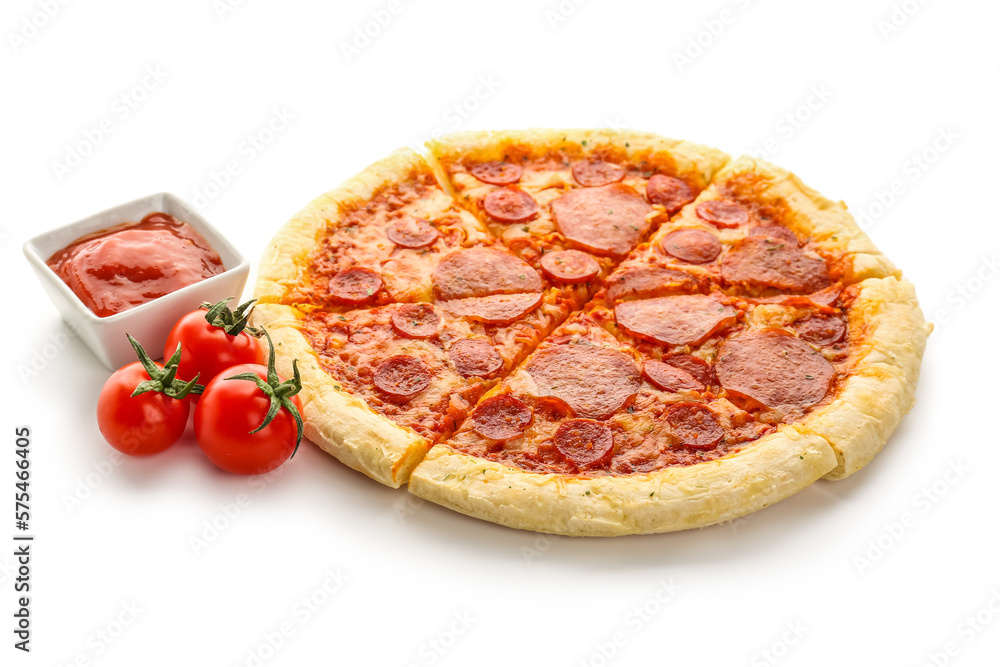 Delicious pepperoni pizza, tomatoes and sauce isolated on white background