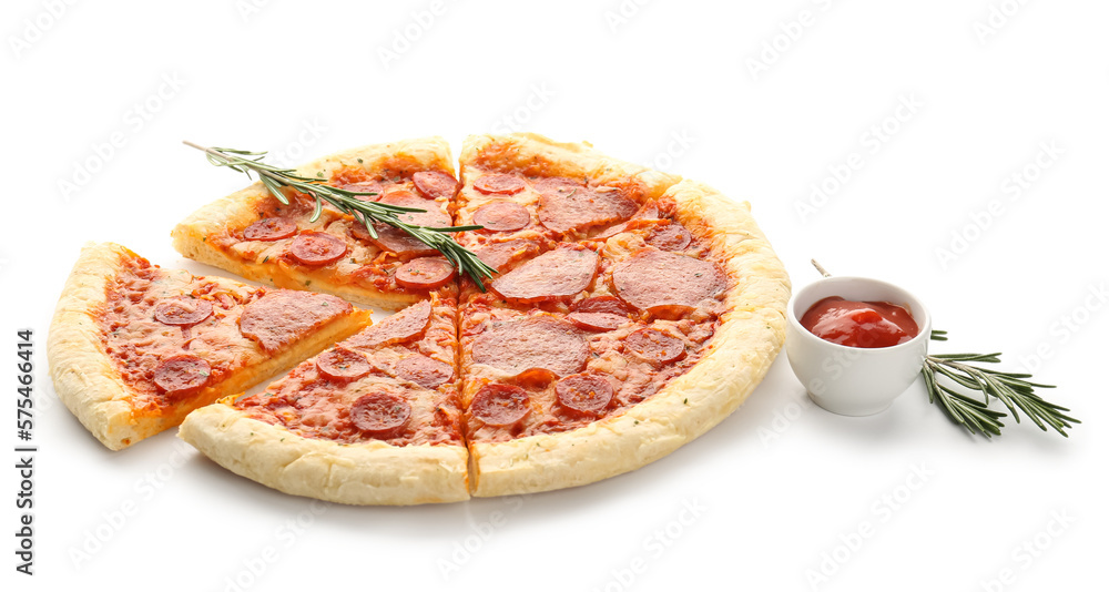 Delicious pepperoni pizza, rosemary and sauce isolated on white background