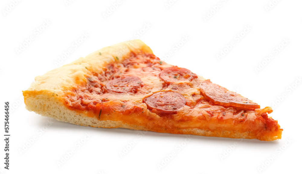 Slice of delicious pepperoni pizza isolated on white background