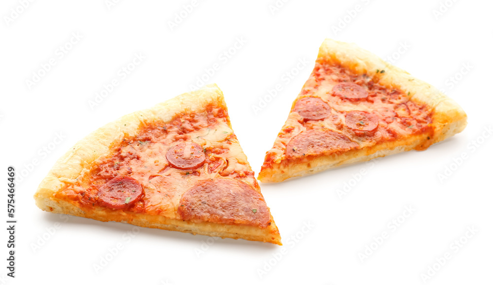 Slices of delicious pepperoni pizza isolated on white background