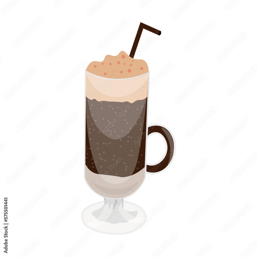 Glass cup of sweet coffee cocktail on white background