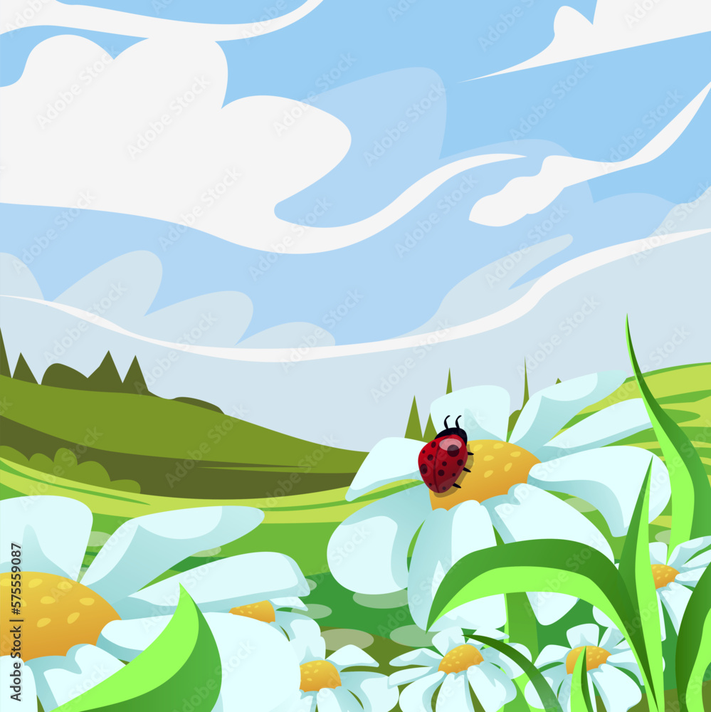 Beautiful illustration of spring nature. Ladybug sitting on chamomile flower in meadow under blue sk