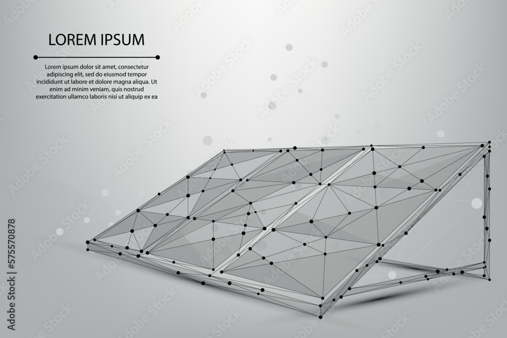 Abstract mesh line and point solar panel. Low poly wireframe renewable energy concept. Polygonal ene