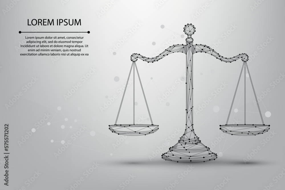 Abstract mesh line and point scales of justice symbols. Low poly wireframe law judgement concept. Po