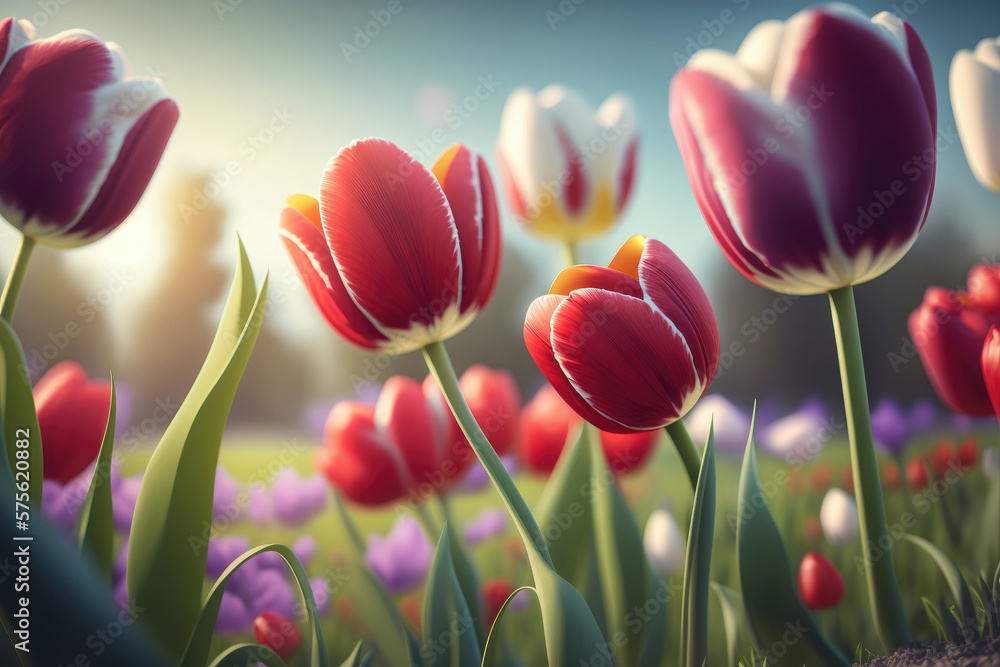 Green field with blooming tulips. Illustration AI Generative