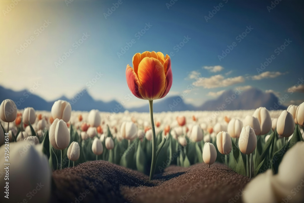 Green field with blooming tulips. Illustration AI Generative