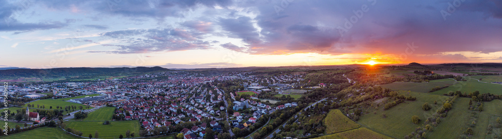 Aerial top view over Rottenburg am Neckar at sunset