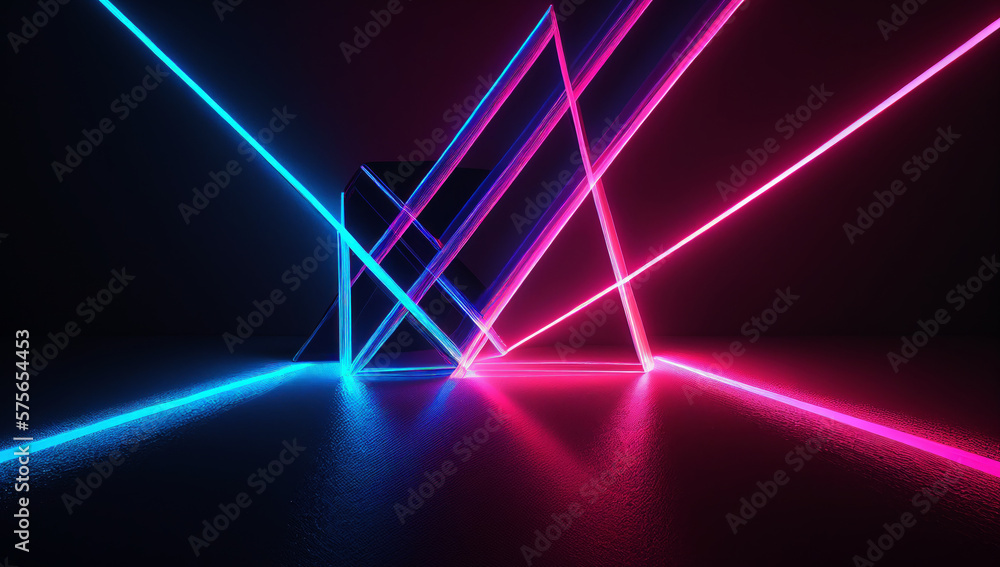 Colorful laser light glow in the dark room. 3D Illustration.