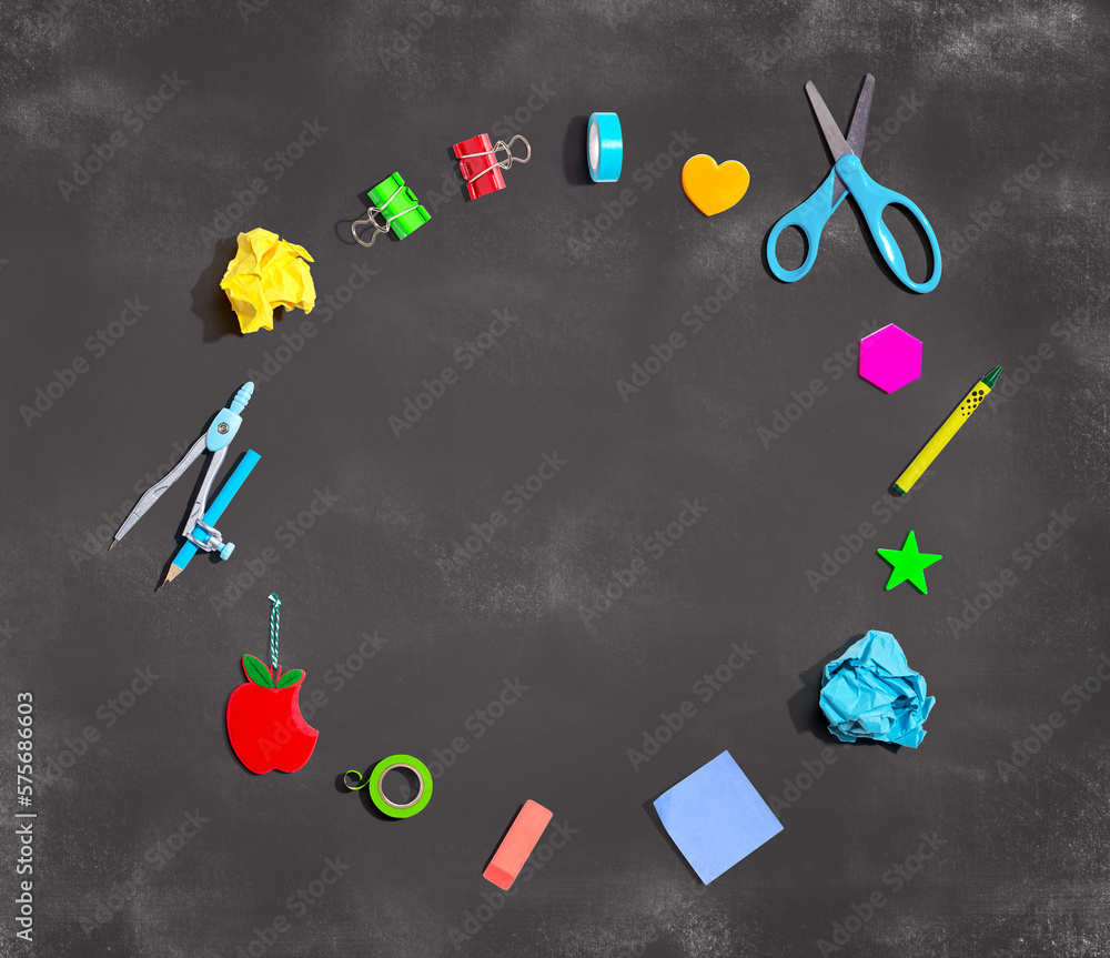 Collection of school supplies overhead view - flat lay