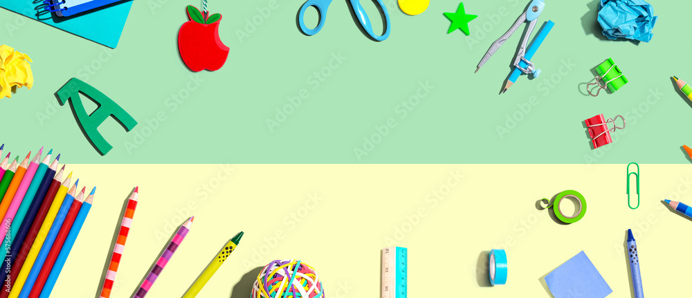 Collection of school supplies overhead view - flat lay